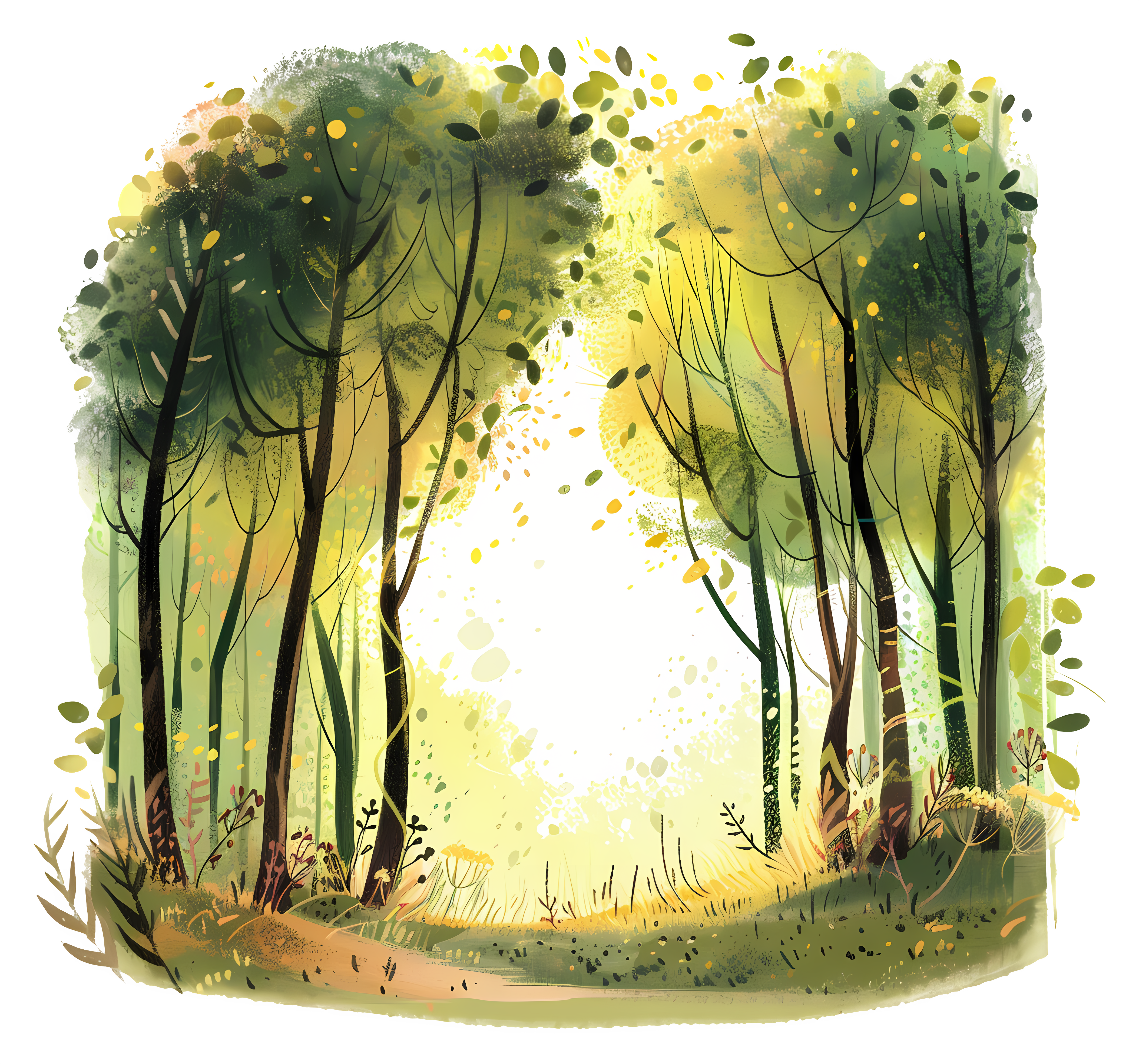 Illustration chemin de lumière à travers la forêt